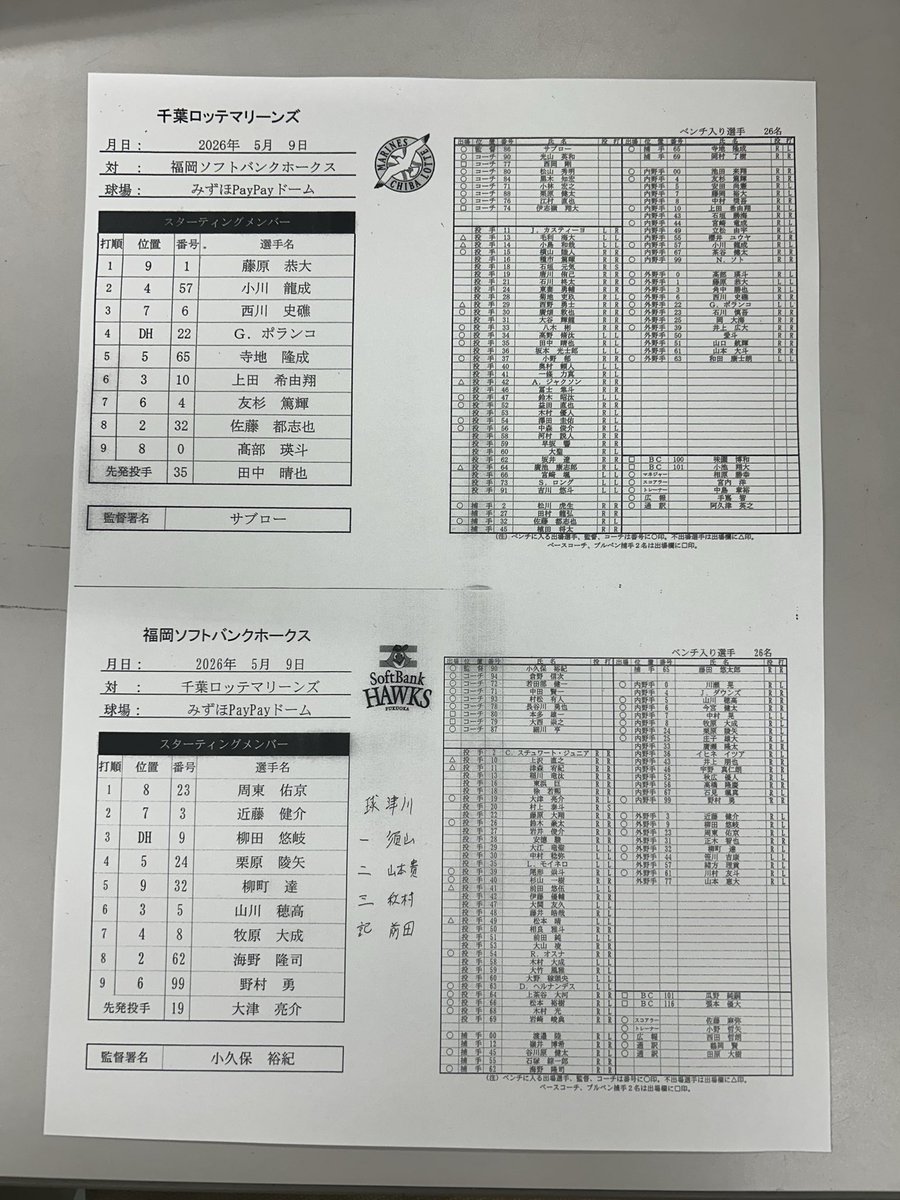 本日5月9日ソフトバンク戦のスタメンです。
#chibalotte #sbhawks