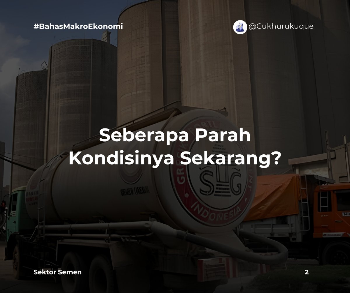 cukhurukuque's tweet photo. Seberapa Parah Kondisinya Sekarang?

Biar kebayang, ini datanya per 2025:

🏭 Kapasitas produksi nasional: 122 juta ton/tahun 🏭 Realisasi permintaan domestik: 65 juta ton
Gap-nya? 57 juta ton. Nganggur.

Utilisasi pabrik industri semen cuma di level 52-55%. Level ideal itu 70-75%.

Artinya hampir setengah kapasitas pabrik mangkrak. Mesin nyala tapi barangnya ga ada yang beli.

Dampaknya ke emiten? Laba bersih SMGR tahun 2025 anjlok 83,6% YoY, dari Rp1,08 T jadi Rp177 M aja.

Ini bukan lagi "lagi lesu". Ini struktural.
