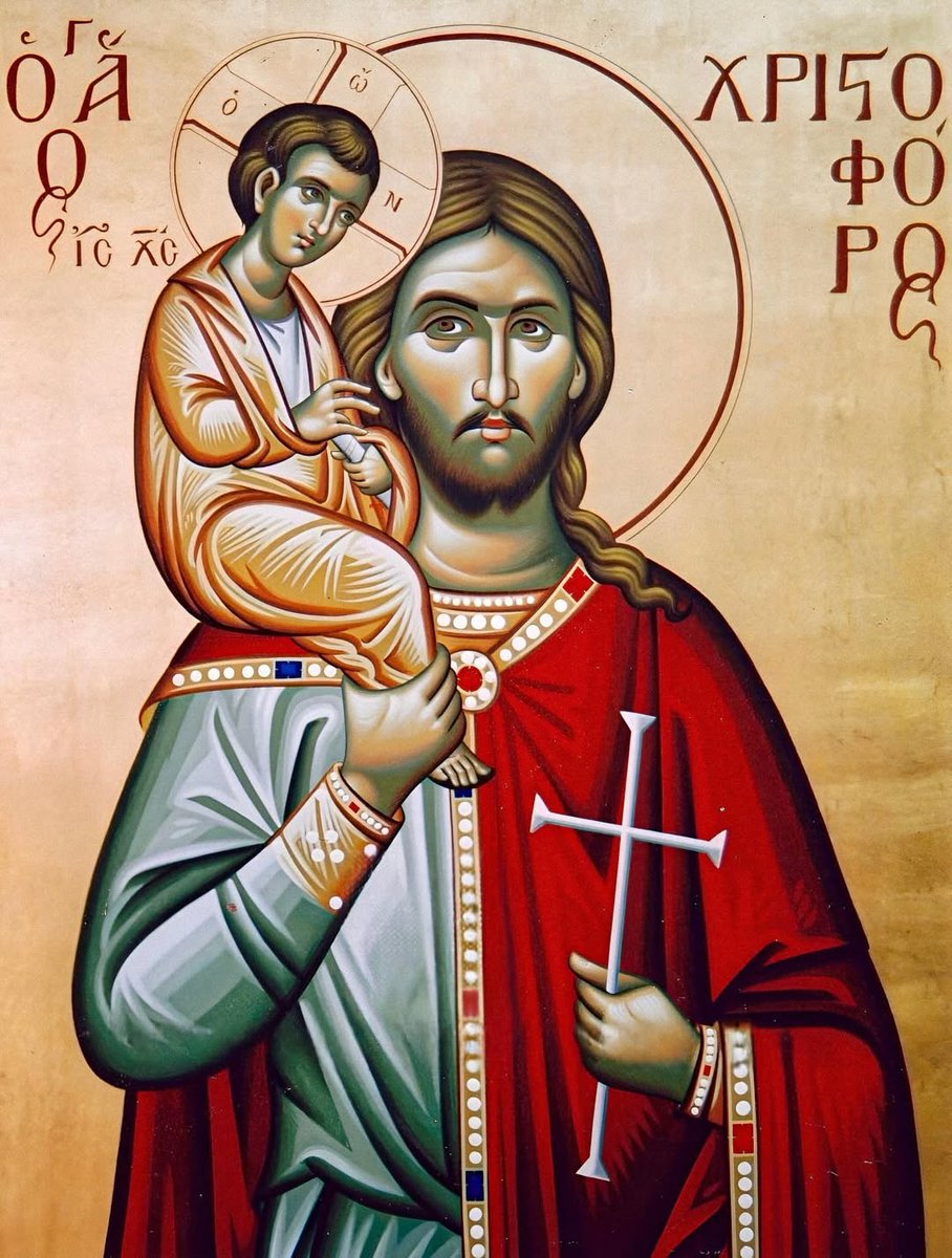 orthodox_33ad's tweet photo. 🔸 May 9 - Saint Christopher 🔸

Today we commemorate the Great-Martyr Saint Christopher of Lycia, the patron saint of travellers. He suffered during the reign of the emperor Decius (249-251). St Christopher was born with the name Reprobus, and lived in Lycia in modern-day Turkey. He was a man of great stature and strength, and fearsome in countenance. According to tradition, Reprobus once came across a hermit in the desert who instructed him in the Christian faith. Reprobus asked the monk how he could best serve Christ, and the hermit suggested that he could become an ascetic and focus on intense fasting and prayer.

Sensing that his calling lay outside monastic life, Reprobus asked the hermit if he could serve Christ another way. The hermit suggested that because of his size and strength, he could help people to cross a dangerous river where many perished in their attempts. Reprobus performed this service for some time. One day, a small Child asked to be taken across the river. While crossing the river, the Child seemed to become extremely heavy, and Reprobus had much difficulty carrying Him across.

Upon reaching the other side, Rebrobus said to the Child, “You have put me in great danger. I do not think the whole world could have been as heavy on my shoulders as you were.” The Child replied, “You had on your shoulders not only the whole world, but Him who created it. I am Christ your King, whom you are serving by this work.” The Child then vanished. Reprobus was then baptised with the name Christopher meaning “Christ-bearer”, and went into the city of Lycia and rebuked the pagans for persecuting Christians.

By his preaching, he converted thousands to Christianity. He was arrested and brought before the emperor who summoned two harlots, Kalliniki and Akylina, hoping they could entice the martyr to offer sacrifice to the idols. But St Christopher instead catechized the harlots, and both ended their lives as martyrs after they confessed their faith in Christ before the emperor. St Christopher was nailed on a bronze instrument over a flame. Emerging unharmed from this and many other tortures, he finally received his eternal crown by beheading.