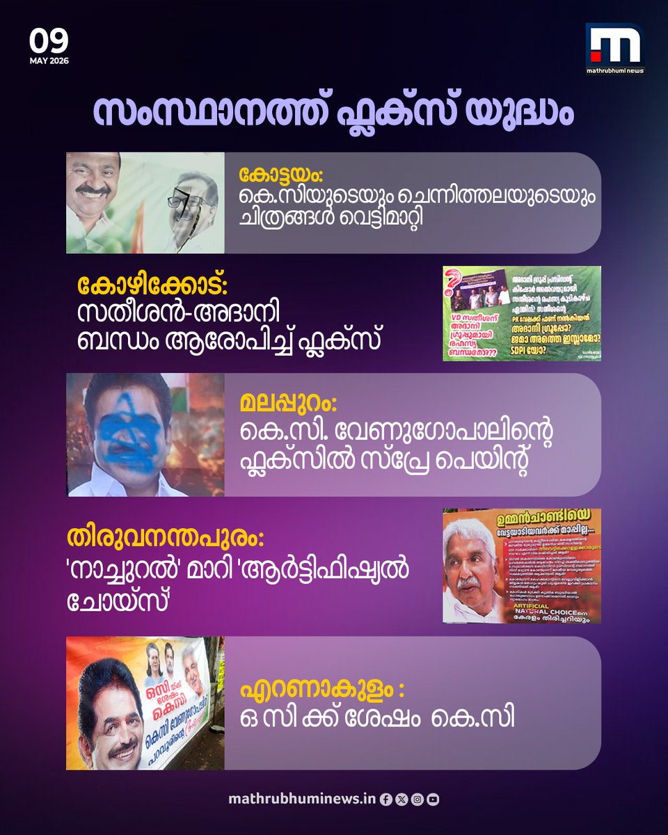 mathrubhuminews's tweet photo. സംസ്ഥാനത്ത് ഫ്ലക്സ് യുദ്ധം.. വിവിധ ജില്ലകളിൽ വി.ഡി സതീശനേയും കെ.സി വേണുഗോപാലിനേയും അനുകൂലിച്ചും എതിർത്തും ഫ്ലക്സുകൾ.
#KeralaPolitics #FlexWar #Congress #VDSatheesan #KCVenugopal #RameshChennithala https://t.co/fSnSNOlFBf