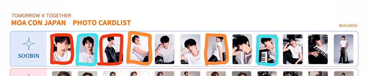 txt_cmcb's tweet photo. TXT トゥバ MOA CON トレカ ミニフォト フォトカード 交換

譲:ヨンジュン ボムギュ テヒョン ヒュニンカイ🦊🧸🐿️🐧
求:スビン 🐰(赤枠❤️→オレンジ枠🧡→青枠🩵→無色　の優先順位です)

郵送📮or 5/23名古屋会場手渡し💌
郵送の場合は投函動画をお願いします🙇🏻‍♀️
お気軽にお声掛けください🙇🏻‍♀️
#txt交換 https://t.co/8yclr2Aoed