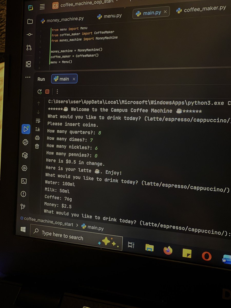 Mary_cti's tweet photo. Would you like some coffee? ☕️ Just Built a coffee machine in OOP. 
Our recent class in @cti is pushing me to grow and I’m  happy to learn and increase my knowledge in #Python. 🐍 
#AfghanGirlsCode
#AfghanGirlsLearn #WomenInTech #programming #pythonlearning https://t.co/pMusl8am9m