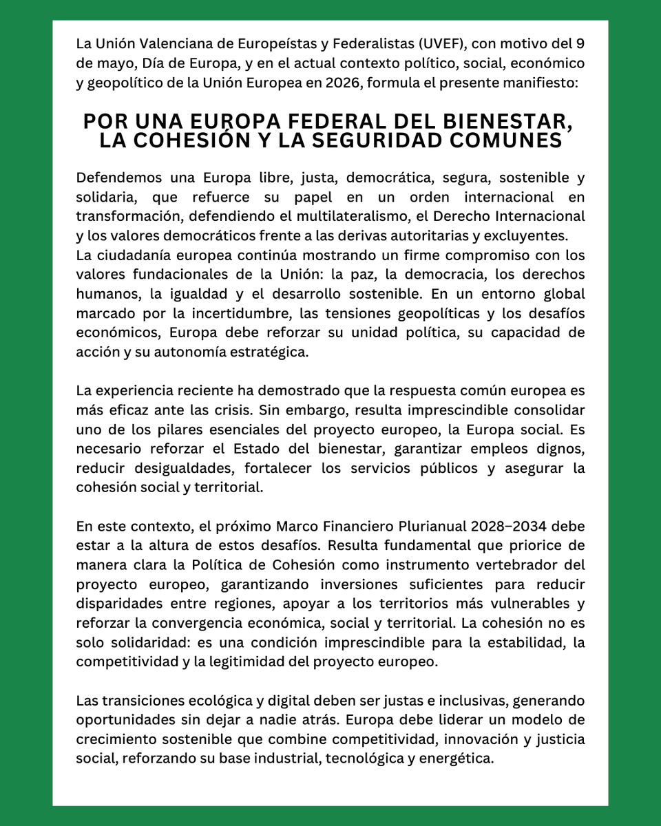 FederalistesCV's tweet photo. 🇪🇺 Europa necesita dar un paso adelante.

En el #DíadeEuropa, presentamos un manifiesto para avanzar hacia una Unión más fuerte, cohesionada y federal, preparada para responder a los desafíos actuales.

#ToFedEU #EuropaNosImporta #9deMayo #40añosEnUE https://t.co/LvSCS0ANeE