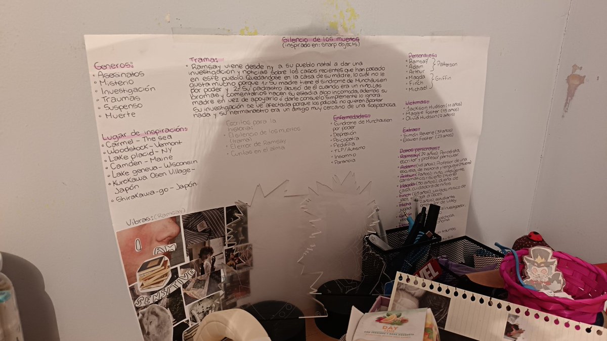 lo que tengo pegado en la pared es el libro que espero algún día poder escribir, obviamente me falta mucho desarrollo lingüístico, gramático y ser más culto para escribir un buen libro con la trama que le quiero dar