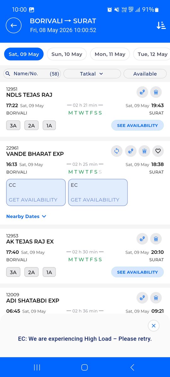 rdstic's tweet photo. @trainwalebhaiya I was booking two tickets - Prerara Express (Nagpur - Surat) and Vande Bharat (Borivali - Surat). Till 10:10, I was repeatedly getting these errors. Couldnt book Prerana Express. Vande Bharat was successful. Non AC in Prerara Express was successful at 11:05 battling same errors. https://t.co/lhkolV9IKX