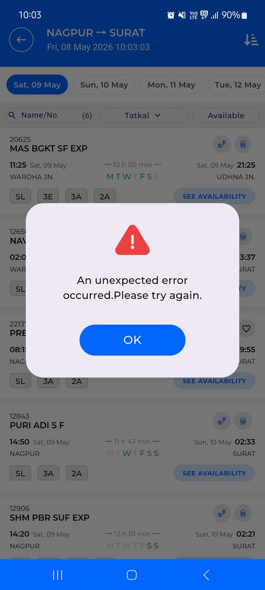 rdstic's tweet photo. @trainwalebhaiya I was booking two tickets - Prerara Express (Nagpur - Surat) and Vande Bharat (Borivali - Surat). Till 10:10, I was repeatedly getting these errors. Couldnt book Prerana Express. Vande Bharat was successful. Non AC in Prerara Express was successful at 11:05 battling same errors. https://t.co/lhkolV9IKX