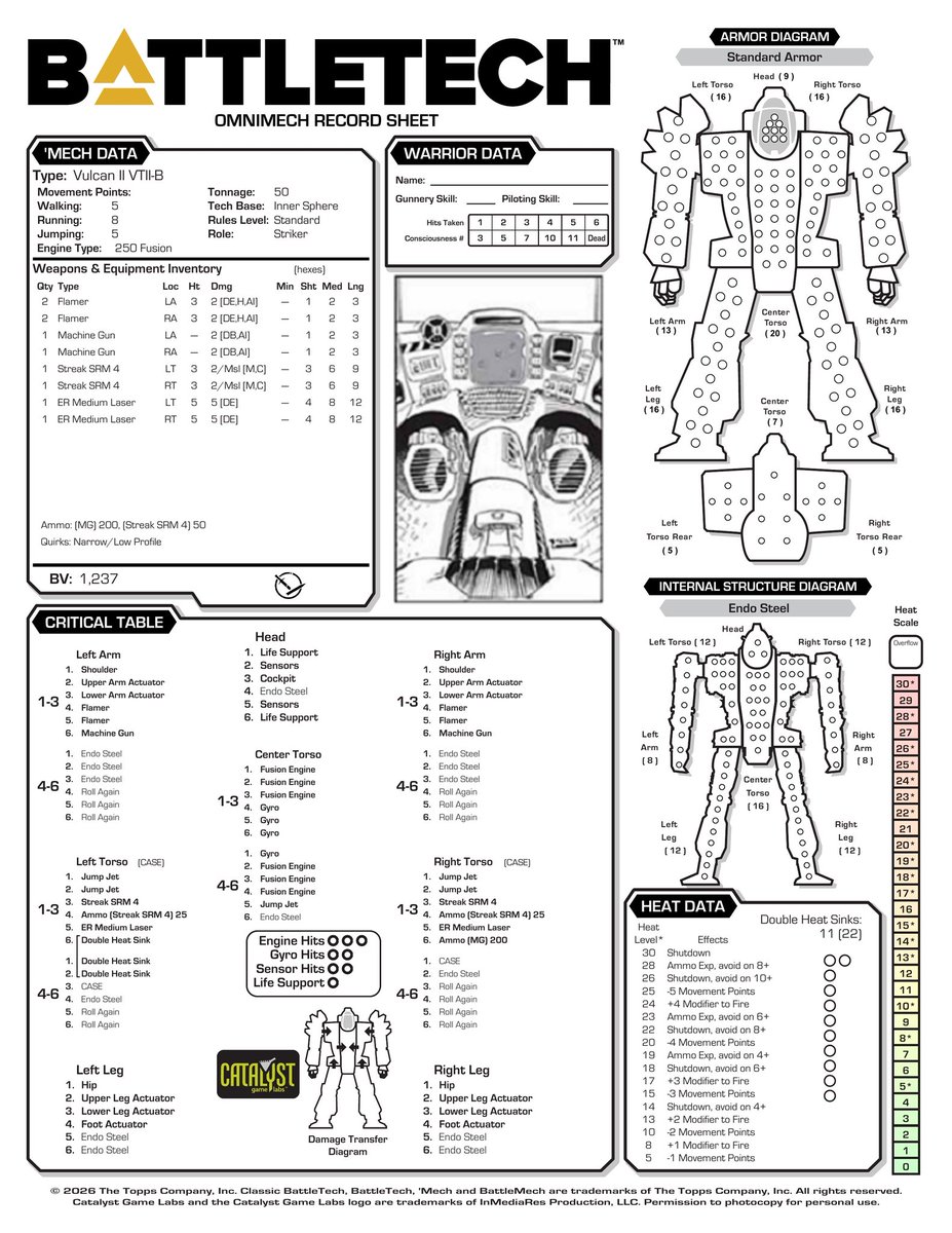 TransformARO's tweet photo. The main loadout along with the first three for Vulcan ll Omni configuration. Feel free to try them out. Got help from @ardan_blade. #battletech #RedAction https://t.co/qfQAwEruGl
