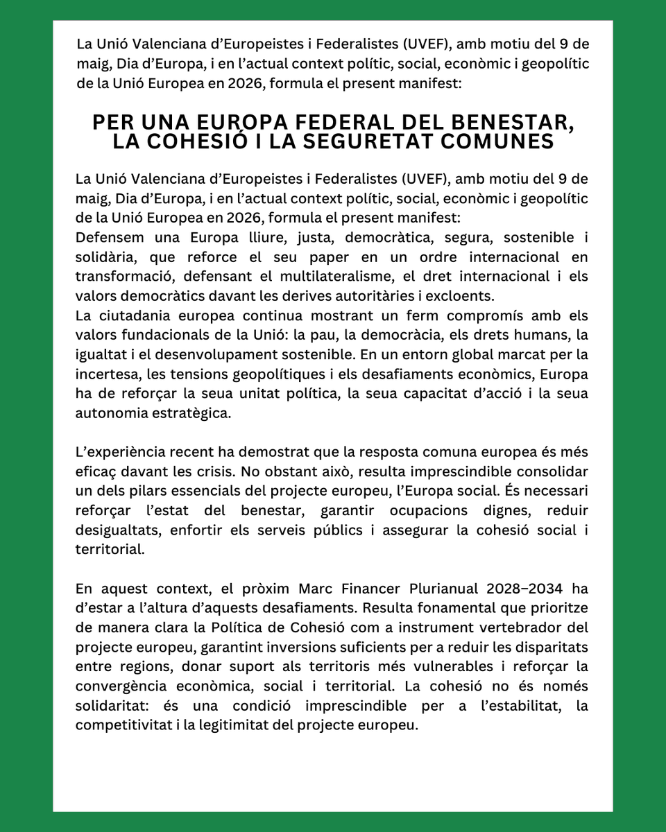 FederalistesCV's tweet photo. 🇪🇺 Europa necessita fer un pas endavant.

En el Dia d’Europa, presentem un manifest per avançar cap a una Unió més forta, cohesionada i federal, preparada per a respondre als reptes actuals.

#ToFedEU #EuropaNosImporta #9deMayo #40añosEnUE https://t.co/Y69z2PW0Q3