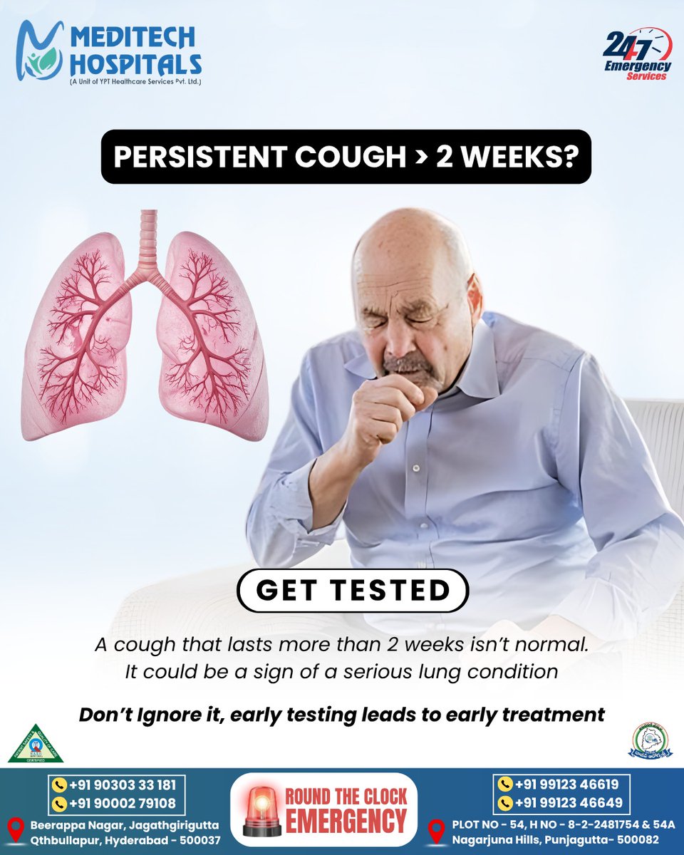 Meditech_hyd's tweet photo. Don’t ignore a cough lasting >2 weeks—it could signal a serious lung condition. Early testing leads to early treatment.
​Visit #Meditechhospitals in Beerappa Nagar or Nagarjuna Hills for 24/7 Emergency Services.
​📞 +91 90303 33181 / +91 99123 46619
​#LungHealth #Hyderabad https://t.co/RlLBPM1OBe