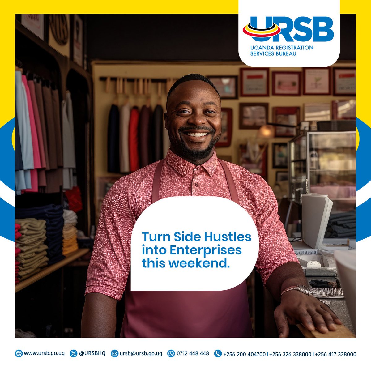 URSBHQ's tweet photo. Make your ka side hustle unique!
What starts small can grow big. Register that side hustle and position it for success.
Bino ebintu bya kwebelelamu ba guy!
#BuildWithURSB
#Formalization
#Innovation https://t.co/bW9hEiPelq