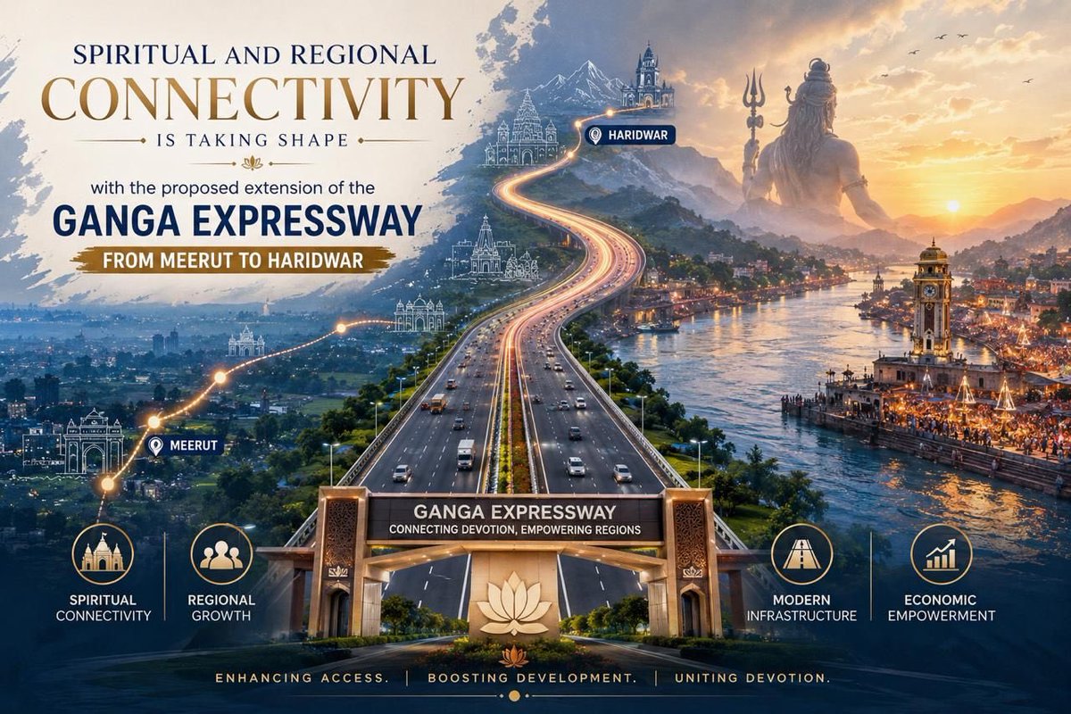 AwasthiAwanishK's tweet photo. A new chapter in spiritual and regional connectivity is taking shape with the proposed extension of the Ganga Expressway from Meerut to Haridwar! 

Announced by Hon’ble PM Shri @NarendraModi ji, the corridor will seamlessly connect Haridwar and Prayagraj, boosting religious tourism, reducing travel time, and accelerating growth across Uttar Pradesh and Uttarakhand.
A transformative step towards faster journeys and stronger regional development.