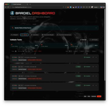 BardielTech's tweet photo. Initial Bardiel Dashboard updates for v3 are now live ✅

https://t.co/DzpiZ80GEO

This first pass brings the UI closer to the new v3 /delegate + /validate shape (task/result structure + early consensus views + raw result rendering where needed).

Still an early iteration - we’ll keep refining the dashboard, examples, and data coverage as v3 testing continues.