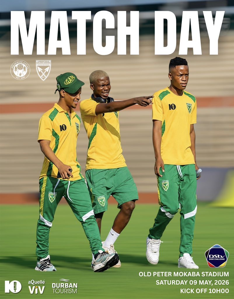 goldenarrowsfc1's tweet photo. 🚨NEXT UP 🚨 

Final DDC game of the season

🏆 #dstvdiskichallenge 
🏟️ Old Peter Mokaba stadium 
📅 Sat 9 May 2026
⏰ 10:00
🆚 @Polokwanecity_ 
📺 Not televised, but we will keep you updated with the results 

#10betgoldenarrows #juniorsthende #greenandgold https://t.co/PXiLTUcrO2