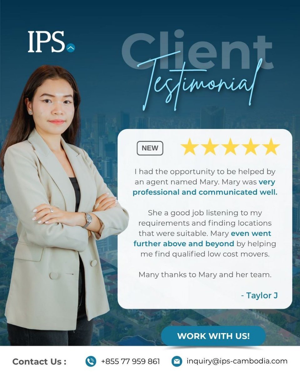 Another 5-star experience in the books! ⭐⭐⭐⭐⭐

Taylor’s experience with Mary highlights exactly what we strive for at IPS Cambodia to provide a personalized real estate journey that covers every detail, from the initial search to the final move.

✅ She kept Taylor informed