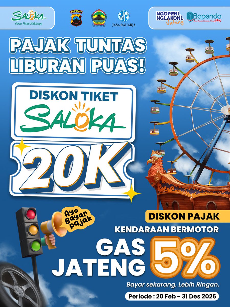 BPPD_JATENG's tweet photo. 𝗞𝗔𝗕𝗔𝗥 𝗠𝗘𝗡𝗔𝗥𝗜𝗞 𝗨𝗡𝗧𝗨𝗞 𝗪𝗔𝗥𝗚𝗔 𝗝𝗔𝗪𝗔 𝗧𝗘𝗡𝗚𝗔𝗛

Khusus warga Jawa Tengah, nikmati PROGRAM DISKON PKB GAS JATENG 5%.
Tunjukkan bukti pembayaran pajak kendaraan bermotor dan dapatkan POTONGAN HARGA TIKET SALOKA THEME PARK 20K 😍 https://t.co/r3ImWVrTXb