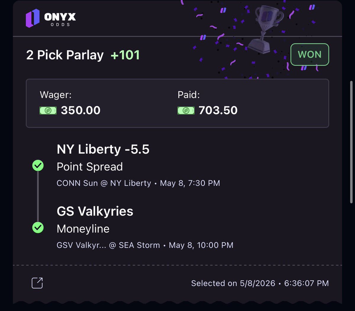 BaneSquad_'s tweet photo. 💰🥹WNBA is Back 🥹💰

#1 WNBA Sports Bettor -> @BaneSquad_ 

$200 to win $1200 secured✅

$25 to win $320 secured ✅

Cash the $350 to win $700 Winible Slip✅

And I SWEPT ALL 3 Moneylines for the WNBA today ✅

Mystics ML✅
Liberty ML✅
Mystics +7.5✅
Liberty -5.5 ✅
GSV ML✅ https://t.co/OPGpY8UA3L