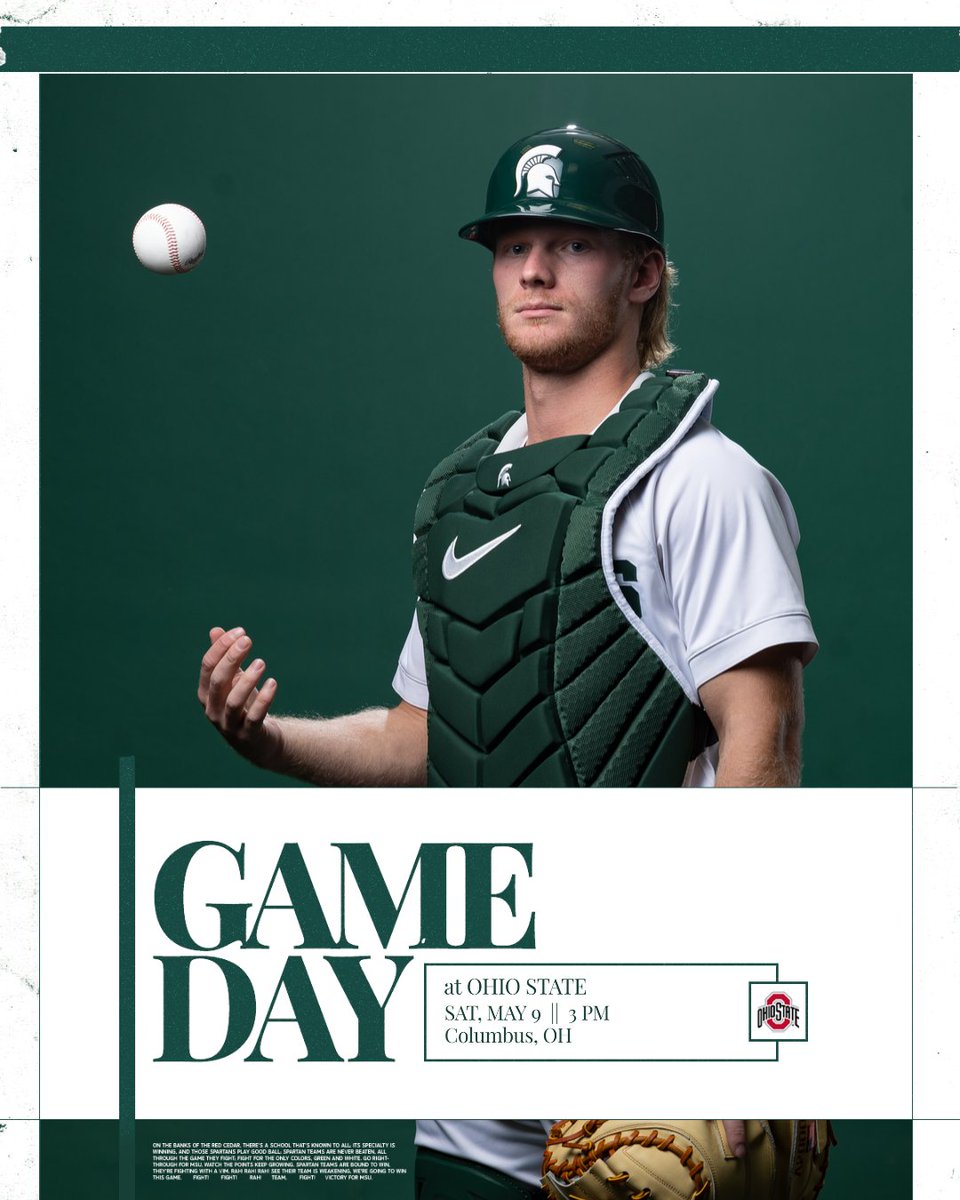 MSUBaseball's tweet photo. It's a Saturday Spartan Game Day!!

MSU continues competition in Columbus, playing OSU in G2 of @B1Gbaseball series.

🆚Ohio State
🏟️Columbus, OH
🕒3 pm
💻https://t.co/qdZKSgoxBL
🔢https://t.co/eOGyCwyTkf
📻https://t.co/QOWRKKohV6 (OSU broadcast)

#GoGreen | #NoahBright https://t.co/RB7zqMJOQh