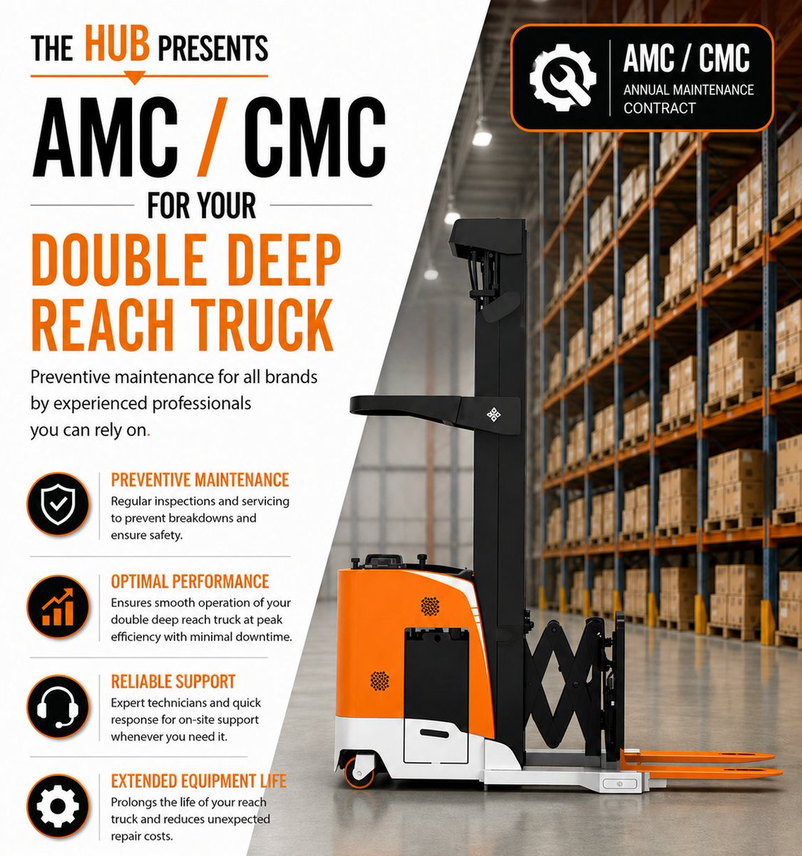 HubSolutions2's tweet photo. Unexpected breakdowns slowing warehouse operations? ⚠️
HUB AMC / CMC solutions for Double Deep Reach Trucks help reduce downtime, improve performance &amp; extend equipment life. 🚛
✅ Preventive Maintenance
 ✅Quick Support
 ✅Better Efficiency
🌐  https://t.co/y9YfeG1Bu4
#AMC #CMC https://t.co/U5DnR7JrHr
