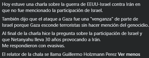 anuarabico's tweet photo. @baradit Estuve en una charla donde se intentó esconder la participación de Israel en la guerra contra Irán y también que el genocidio en Gaza es una venganza de parte Israel. https://t.co/xxNUkUpTU7