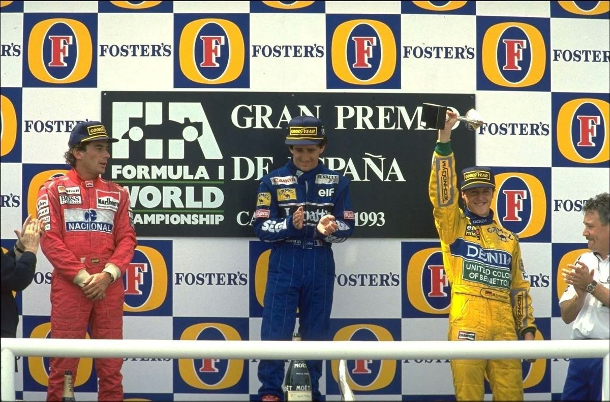 🤯 33 years ago today ... Alain Prost, Ayrton Senna and Michael Schumacher stood on the podium together for the first &amp; only time 🐐

This trio would end up combining for 14 drivers' titles, 183 wins, 166 poles and 341 podiums.

You're looking at one of the greatest podiums ever.