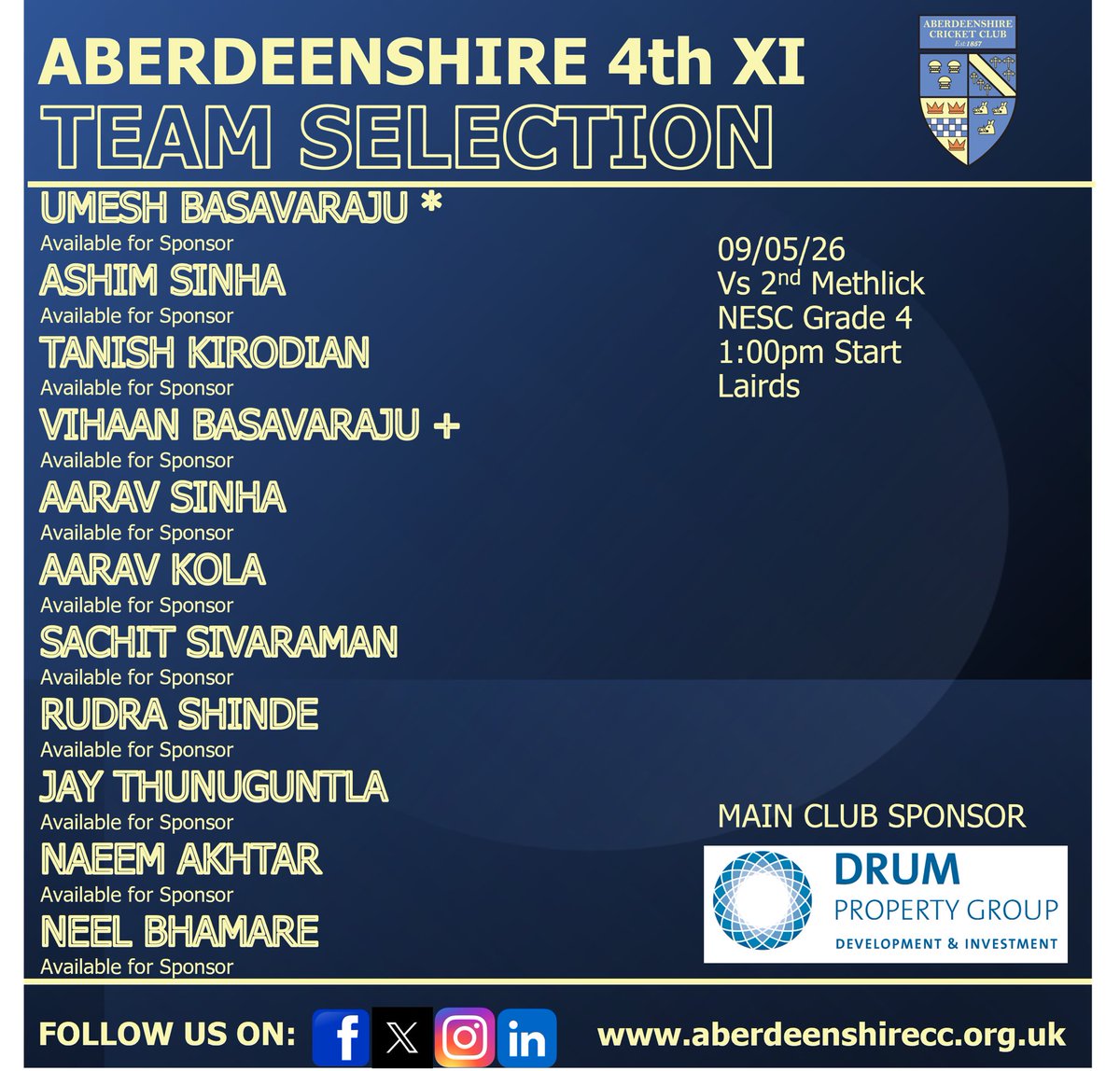 AberdeenshireCC's tweet photo. π MATCHDAYπ
Round 2 of the 2026 league season
All four senior teams playing:
π 1st XI vs @GlenrothesCC
π 2nd XI vs @krcc_aberdeen
π 3rd XI vs @Fraserburghcc
π 4th XI vs 2nd Methlick
Best of luck to all teams today!
#MatchDay #AberdeenshireCC #TheDons #Mannofield https://t.co/wljtYTI3qJ