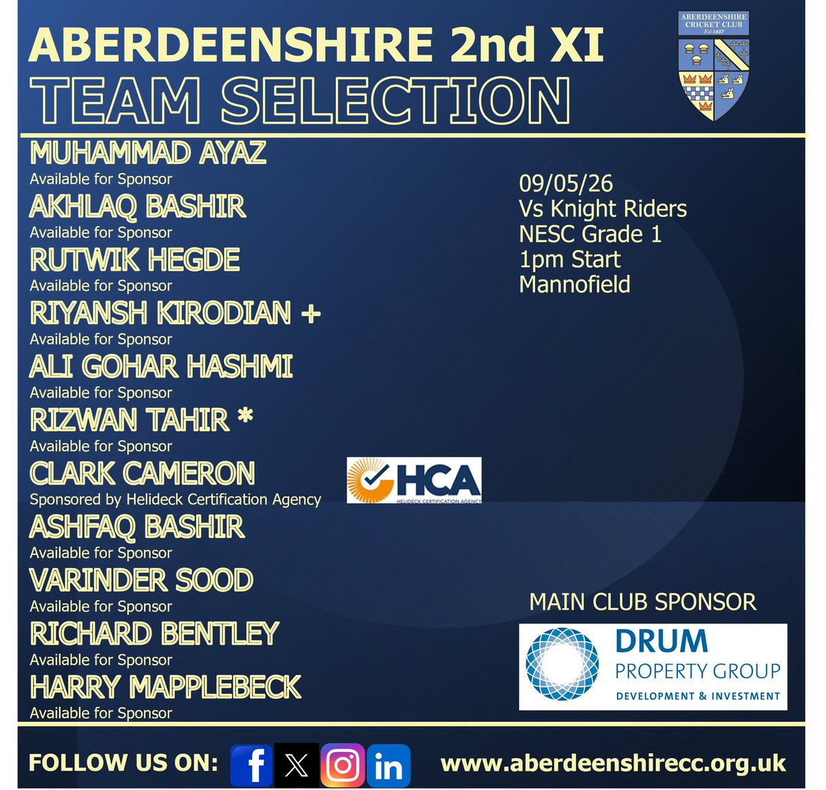 AberdeenshireCC's tweet photo. π MATCHDAYπ
Round 2 of the 2026 league season
All four senior teams playing:
π 1st XI vs @GlenrothesCC
π 2nd XI vs @krcc_aberdeen
π 3rd XI vs @Fraserburghcc
π 4th XI vs 2nd Methlick
Best of luck to all teams today!
#MatchDay #AberdeenshireCC #TheDons #Mannofield https://t.co/wljtYTI3qJ