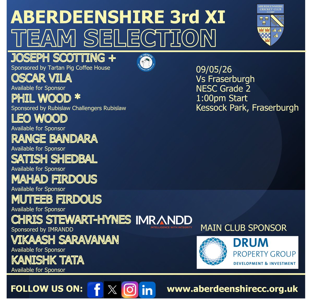 AberdeenshireCC's tweet photo. π MATCHDAYπ
Round 2 of the 2026 league season
All four senior teams playing:
π 1st XI vs @GlenrothesCC
π 2nd XI vs @krcc_aberdeen
π 3rd XI vs @Fraserburghcc
π 4th XI vs 2nd Methlick
Best of luck to all teams today!
#MatchDay #AberdeenshireCC #TheDons #Mannofield https://t.co/wljtYTI3qJ