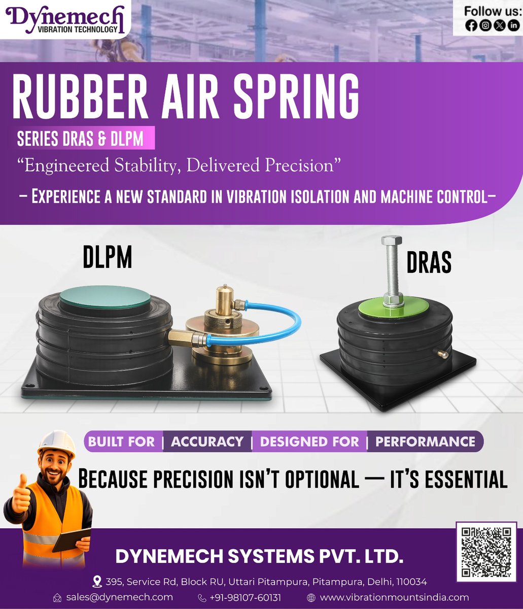 dynemech's tweet photo. Dynemech Rubber Air Spring Series – DRAS &amp; DLPM

#AntiVibration, #Dynemech, #RubberAirSpring, #VibrationIsolation, #MachineControl, #IndustrialAutomation, #MachineStability, #AntiVibrationMounts

+91 9810760131
sales@dynemech.com
https://t.co/5rQXizQxgS / https://t.co/KLGP2oHQJL https://t.co/LGxmUhNgKu