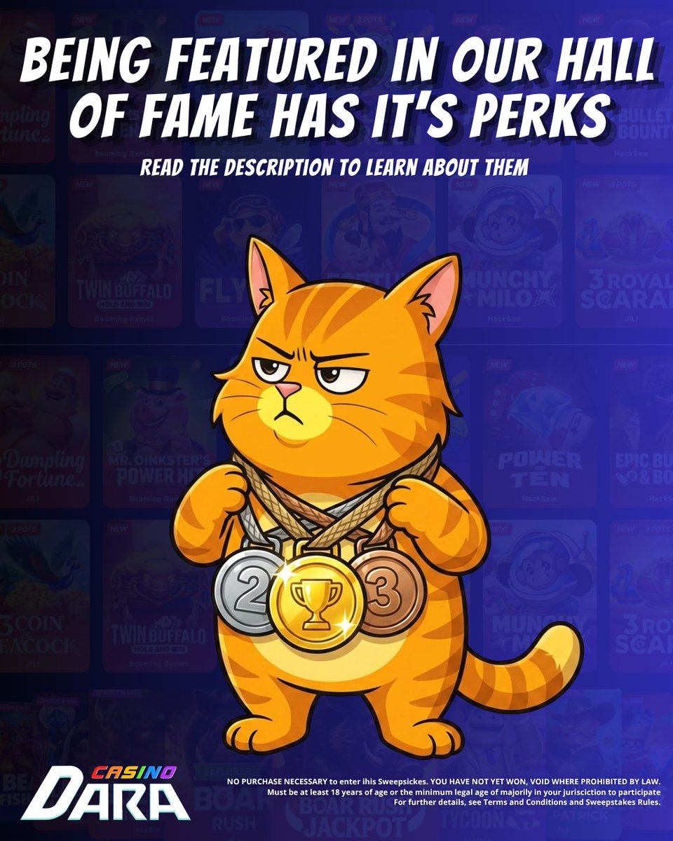 RealDaraCasino's tweet photo. Each month we update our Hall of Fame to feature top players 

Here are some of the perks they enjoy

🎁 1. An exclusive gift package 

📢 2. A special message that
appears to all players when
you log in (Ultimate bragging rights)

🪙 3. Bonus rewards when vou
invite others using your code on top of the standard 20 SC reward