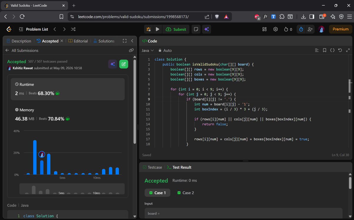 chinu_codes's tweet photo. • Solved LeetCode - Valid Sudoku 🎲
• Practiced matrix traversal and hashing concepts ⚙️
• Grinding for the next exam already 📚
#100DaysOfCode #Java #DSA #LeetCode #Arrays #Hashing #CodingJourney #EngineeringLife https://t.co/JhNB2616jf