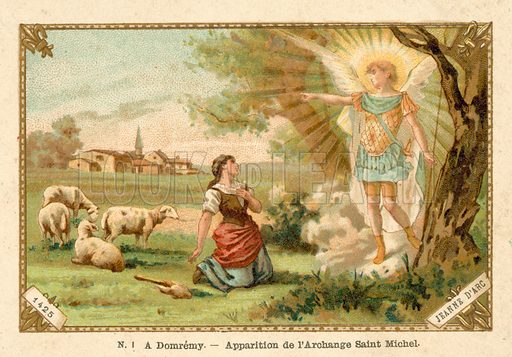 mais accompagné des anges du ciel. Je les ai vus des yeux de mon corps, aussi bien que je vous vois, et quand  ils s'éloignaient je pleurais et j'aurais bien voulu qu'ils m'emportassent avec eux. Quand il vint à moi, Saint Michel dit que Sainte Catherine et Sainte Marguerite