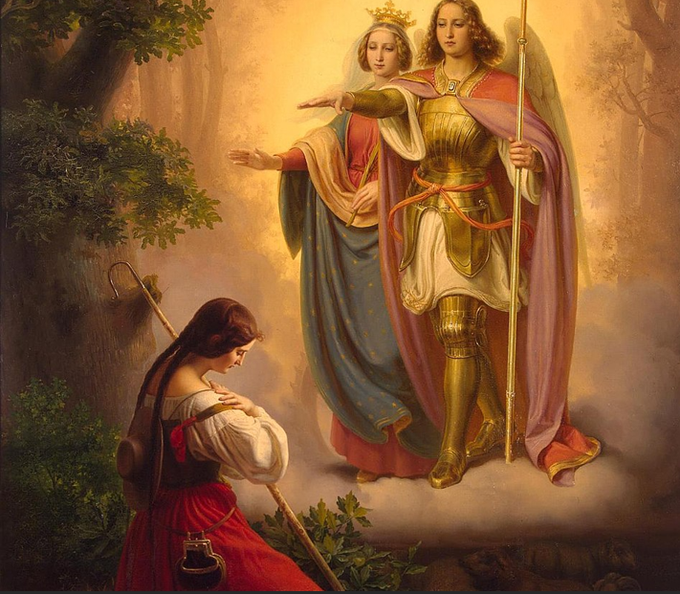Sainte Jehanne d'Arc parlant de Saint Michel

«C'est Saint Michel qui est venu le premier. À sa première apparition, j'étais jeune enfant et j'eus peur. Je le vis plusieurs fois avant de savoir que c'était Saint Michel. Je l'ai vu devant mes yeux. Il n'était pas seul,