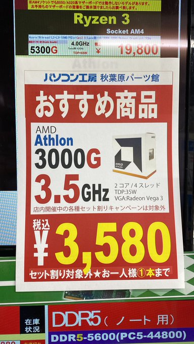 これ気になる。Athlon 3000Gは発売時期の違いでRaven Ridge版(Zen)と