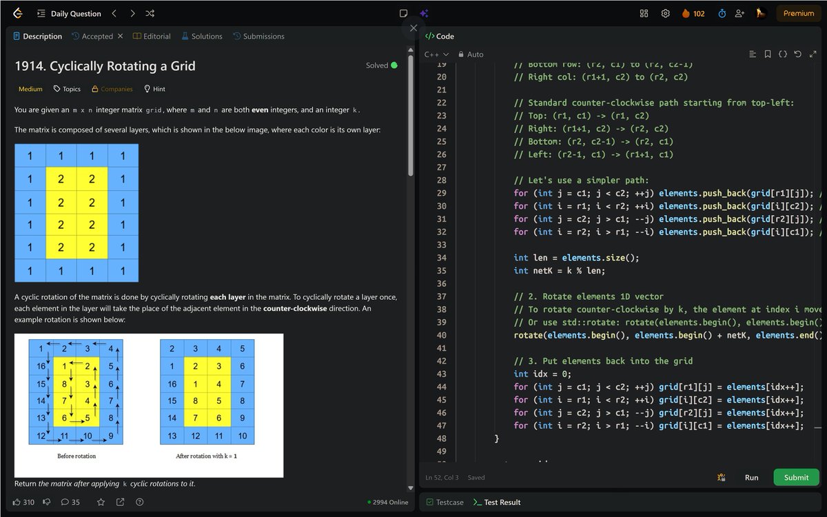 PankajB42550's tweet photo. 🚀 Solved: Cyclically Rotating a Grid (@LeetCode Daily)

Extract each layer counter-clockwise → 1D array → rotate by k % len → place back.

👉 Time: O(m×n) | Space: O(m×n)
🔥 #Day102/100

#LeetCode #DSA #Matrix #Rotation #Simulation #ProblemSolving #CPlusPlus https://t.co/FL3n9psX6O