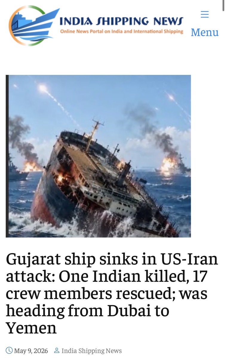 🚨 Iran sinks a Gujarat ship in the Strait of Hormuz. One sailor, Altaf Talab Ker, dead. 17 rescued by luck. 1,100+ Indian sailors still stranded across the Gulf.

Meanwhile PM Modi is busy in celebrating his party’s electoral victories.

China’s ships? Untouched.
Pakistan’s?