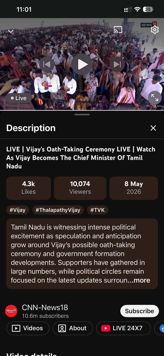 foundingbaba's tweet photo. @CNNnews18 is streaming live Vijay's @TVKVijayHQ oath ceremony as TN CM. I don't think it is ethical for a reputrd channel to do such a fake live stream. https://t.co/Bevi9NrpEo