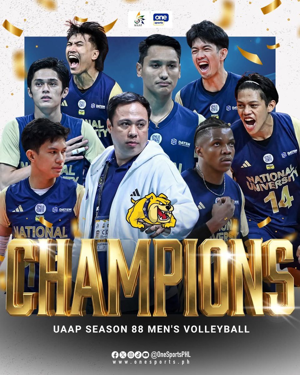 OneSportsPHL's tweet photo. 6️⃣-PEAT SUPREME 🐶👑

Built through sacrifice, heart, and relentless determination, the NU Bulldogs once again reign—overpowering the FEU Tamaraws with a sweep of their best-of-three Final series to capture their SIXTH STRAIGHT TITLE in the #UAAPSeason88 Men’s Volleyball! https://t.co/zutvuvvtf8