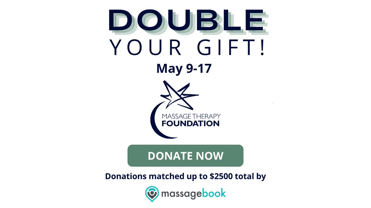 TheMTFoundation's tweet photo. Double your donation! Give to MTF May 9-17, and @MassageBook will double your gift—up to $2500 total. Don’t miss the limited-time opportunity to make 2X the impact for research, education &amp; community service. Your support is doubly appreciated! Donate now: https://t.co/yx9I58dcHp https://t.co/uWFTq75YNa