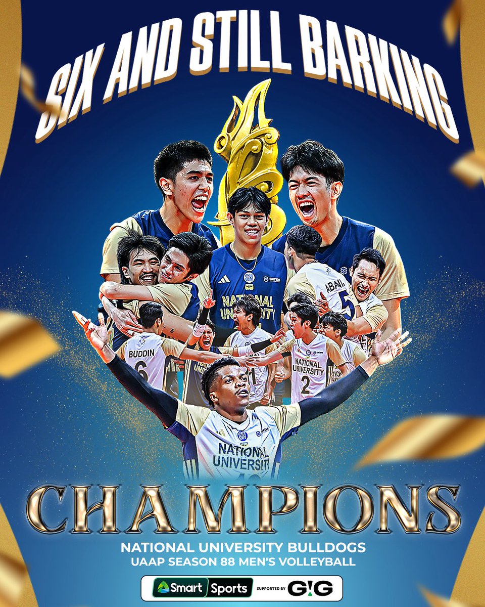 SmartSports_PH's tweet photo. 🏆🏆🏆🏆🏆🏆 

🐶 COUNT EM UP. THE BULLDOGS COMPLETE SIX-PEAT DREAM 🐶

NATIONAL U proves its mettle, once again conquering UAAP Men’s Volleyball for the sixth straight season! 

📷 UAAP Media

#UAAPSeason88 #SmartSports

*** 

Do easy tasks, get free load! Visit https://t.co/O9XY63ViVH today!