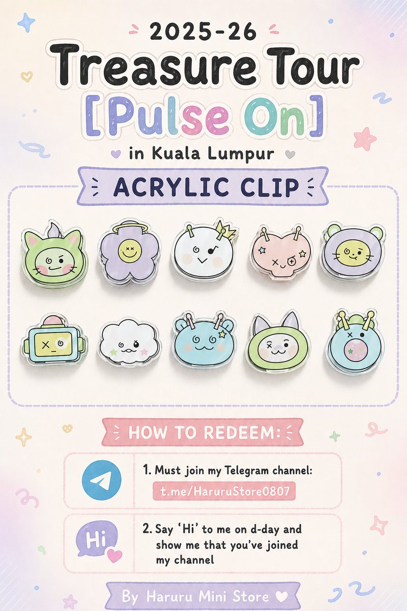Happy to announce my second freebies - Acrylic Clip

How to redeem:
👉🏻 Follow, like &amp; retweet this post.
👉🏻 Must join my Telegram channel: t.me/HaruruStore0807
👉🏻 Say 'Hi' to me on d-day and show me that you've joined my channel 

#PulseOninKL #TREASUREinKL