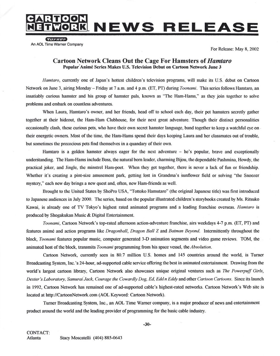 Nise_Hamtaro's tweet photo. A Hamtaro history lesson
A statement from Cartoon Network, dated May 8, 2002

At the time of this news release, 96 episodes had aired in Japan, but it's described as 104 episodes long. Perhaps that was the planned length of the dub from the start. https://t.co/d8nDbO9nyh