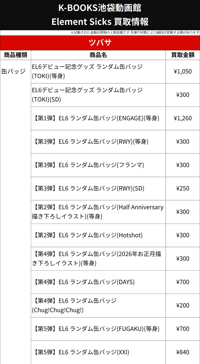 ツバサ EL6 FUGAKU 缶バッジ 第5弾 14点 買取情報】 💎Element Sicks💎 ❤️ ツバサ さん🔥🪽 缶バッジ 各種 第