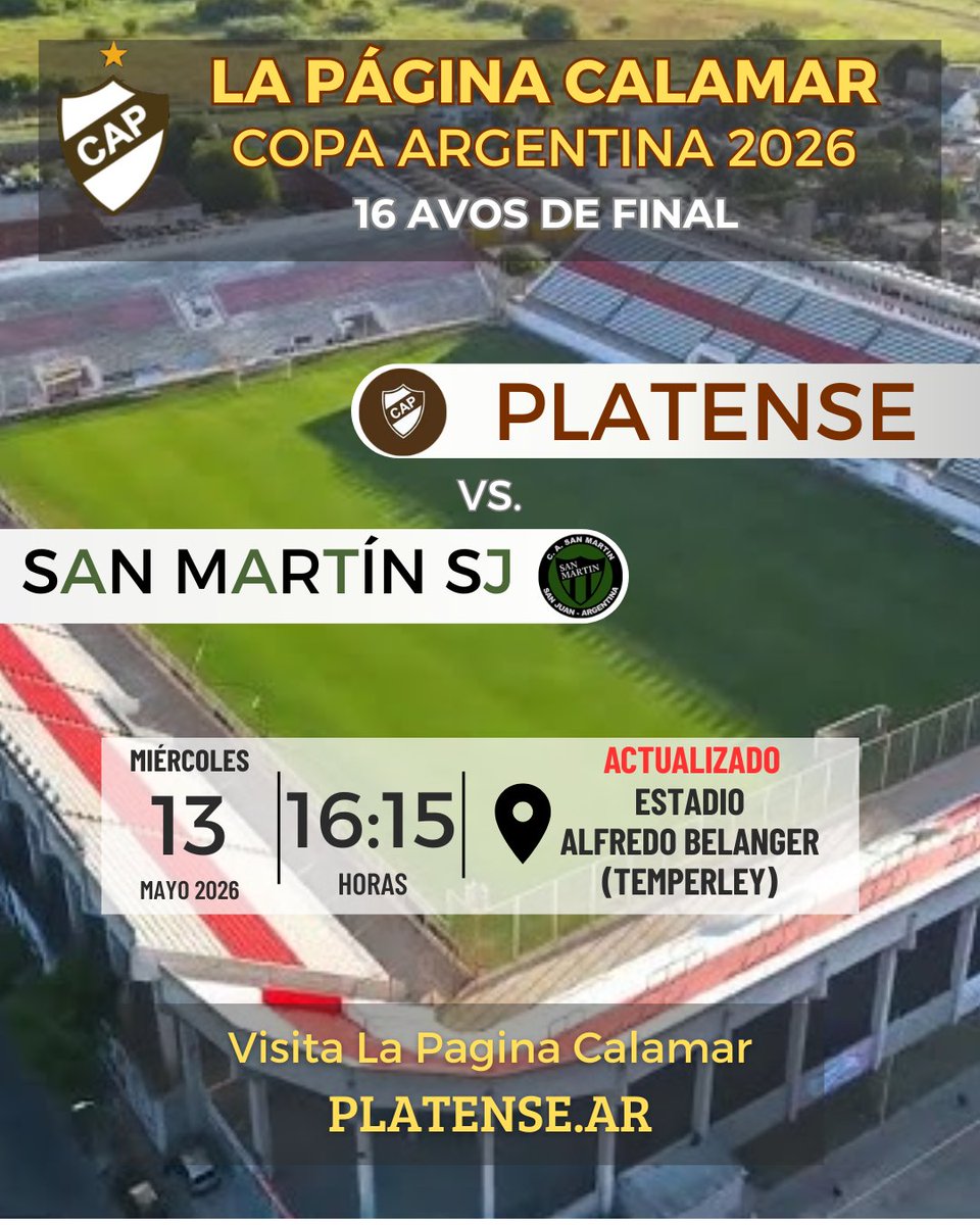 marbenCalamar's tweet photo. Cambio de sede de Copa Argentina el próximo 13 de mayo el enfrentamiento entre PLATENSE y San Martin de San Juan será en el Estadio Alfredo Belanger (Temperley) a las 16:15 (horario de M)

@caplatense @san_martin_sj #platense #sanmartinsj @copaargentinaoficial https://t.co/UTrKWAHROP
