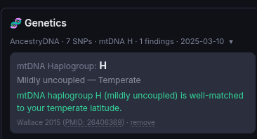 ElkimXOC's tweet photo. @helios_brah @getbasedhealth has mtDNA built in, now imagine this piece of information as a part of the whole health context running through a SOTA models with the rest of your stuff 😄 https://t.co/Xu8XO91BeI