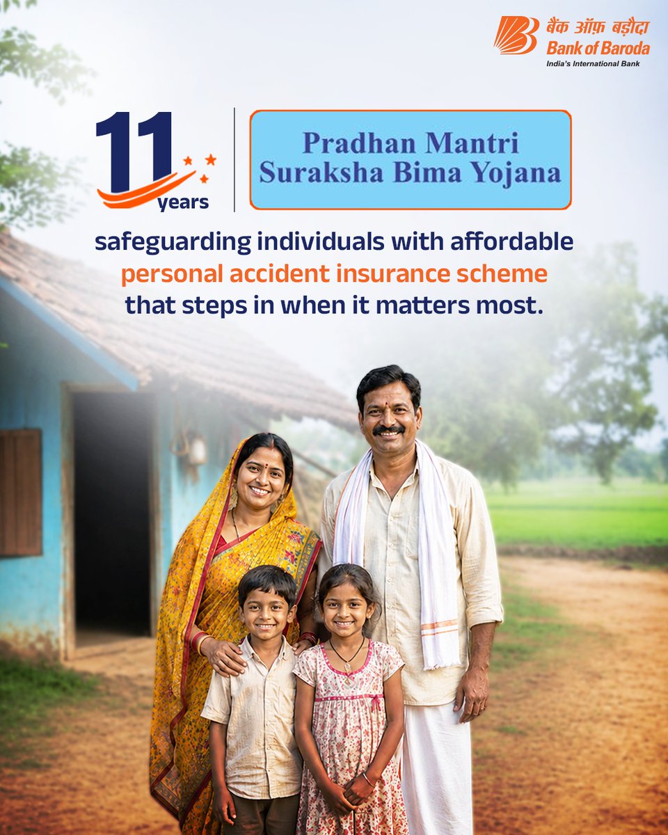 11 years of strengthening financial security and social protection across India.

Pradhan Mantri Suraksha Bima Yojana continues to support families with affordable personal accident insurance and financial protection.

✅Accident cover up to ₹2 lakh
✅Annual premium of just ₹20