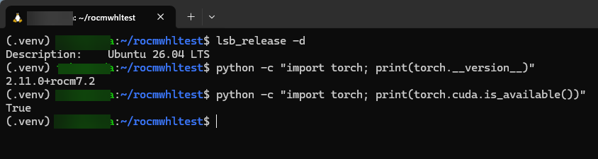 seosoft's tweet photo. #Ubuntu26.04 on #WSL2 で #ROCｍ 7.2とPyTorchが動きました。Linuxネイティブに比べて手間がかかるけど、Windows使いなもので。 https://t.co/TOydCWFIY3