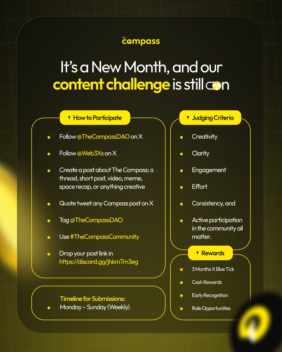🚨 If you missed last month, don’t miss this one.

The Compass Content Challenge is still LIVE, and every new week brings another fresh chance to win, grow, and get recognized in the community.

This is your opportunity to create content, stay consistent, and let your ideas speak