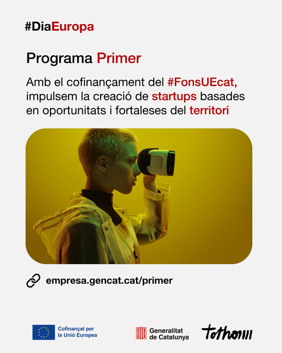 emprencat's tweet photo. 🇪🇺 En el #DiaEuropa destaquem l'impacte del #ProgramaPrimer del Departament d'@empresacat cofinançat pel @FonsUECat!

🚀 Impulsem arreu de Catalunya la creació d'empreses emergents basades en oportunitats i fortaleses del territori.

ℹ️https://t.co/pVjiusGsnW

#EuropeDay https://t.co/aNAPDoLoEb