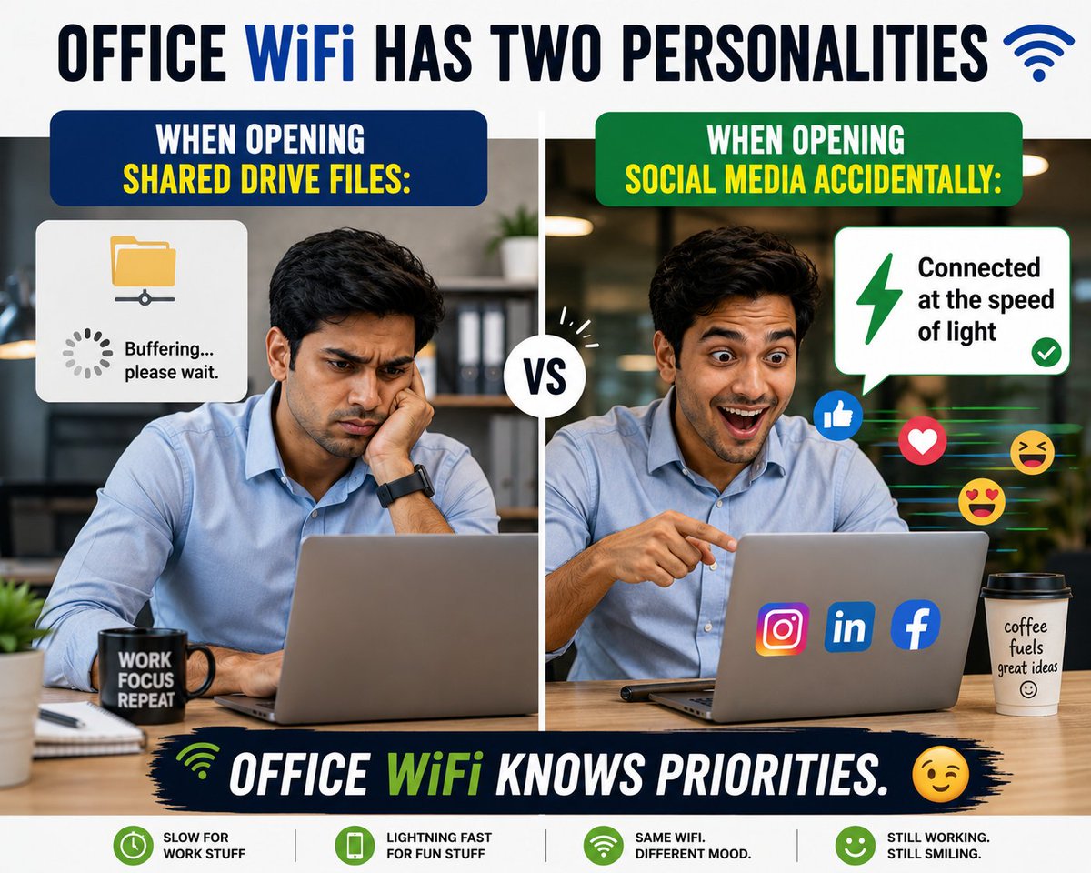 TalentShape_in's tweet photo. Work files = slow
Random tabs = lightning fast ⚡
Office WiFi really has priorities 😅

#OfficeHumor #WorkLife #CorporateMemes #TalentShape https://t.co/nY3lIpBxWP