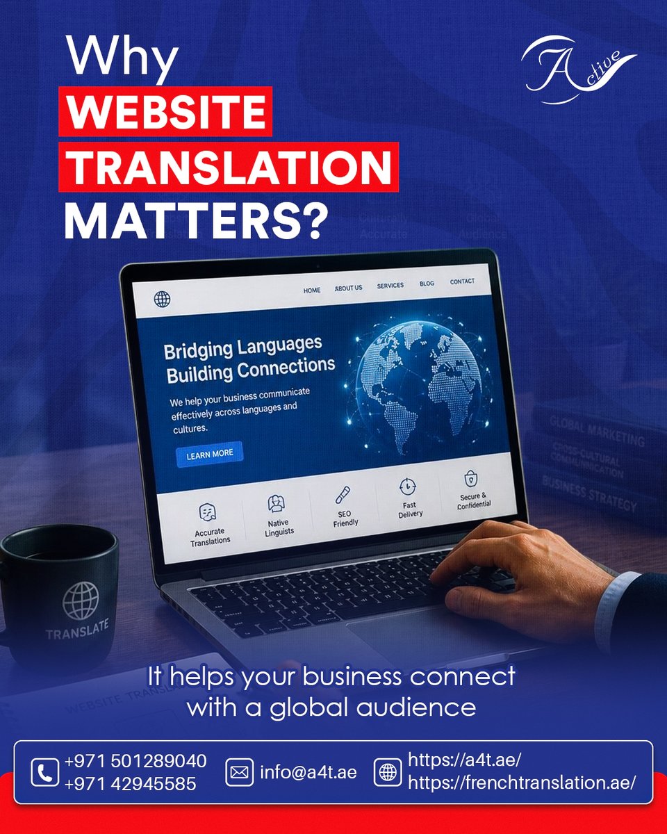 A_ctive's tweet photo. Why Website Translation Matters 🌍
It helps your business connect with global audiences, improve reach, &amp; communicate effectively across languages.

Contact us now​👇​
📍​Dubai | Abu Dhabi
​✉️​transdxb@a4t.ae​
☎️​+97150128 9040

#WebsiteTranslation #GlobalReach #ActiveTranslation https://t.co/pFgFFDU54T